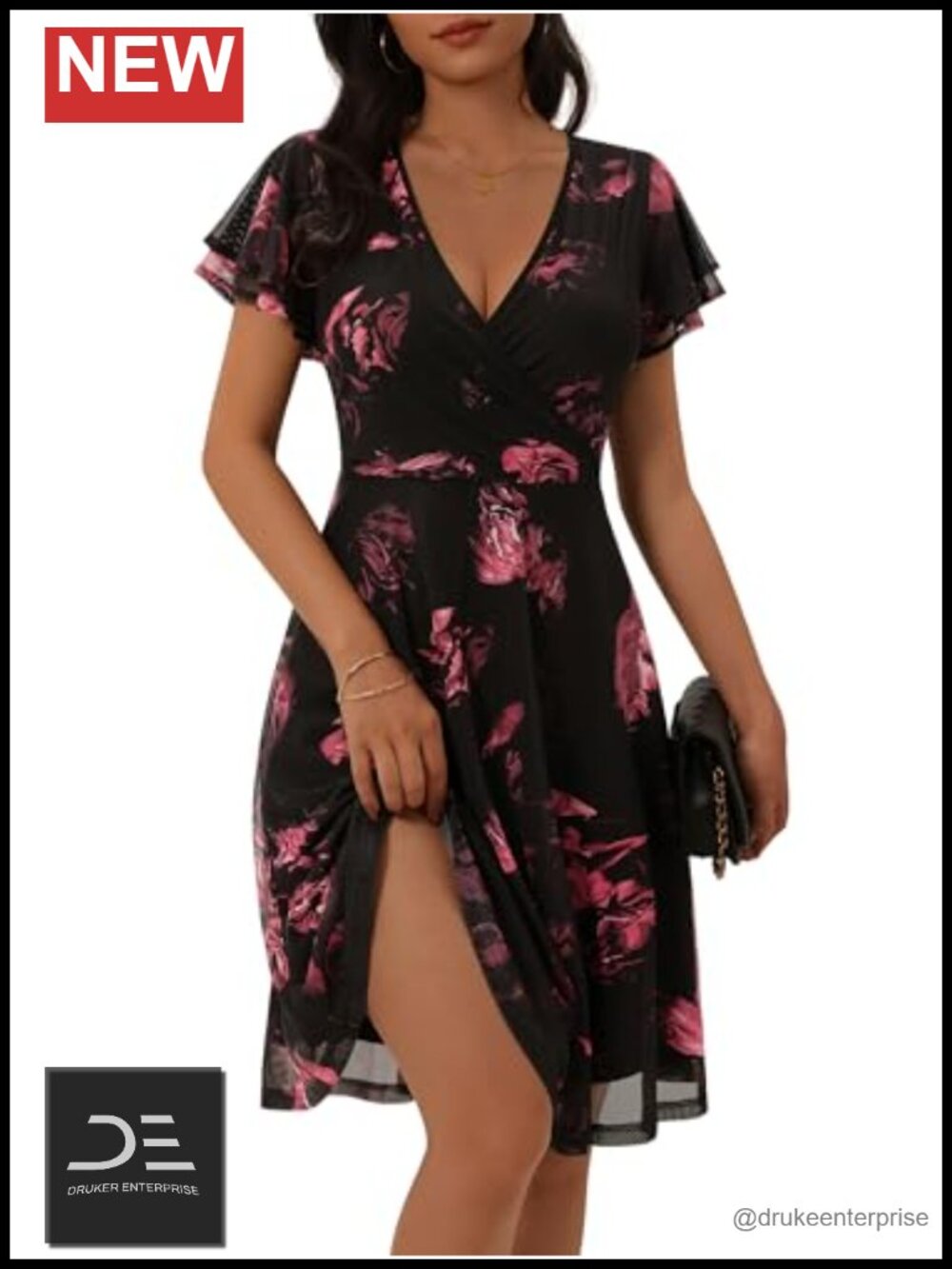 Womens Floral Wrap V-Neck Knee Length Dress Ruffle Sleeve Mesh Wedding Guest